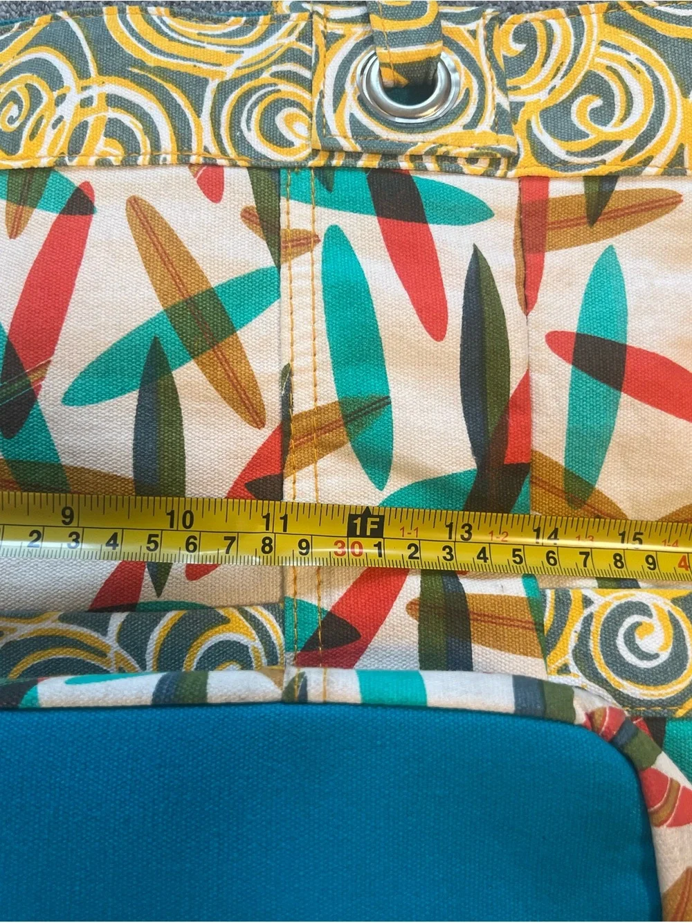 Canvas Heidi dobroll Tote Bag in Cream with Teal, Red & Mustard Accents